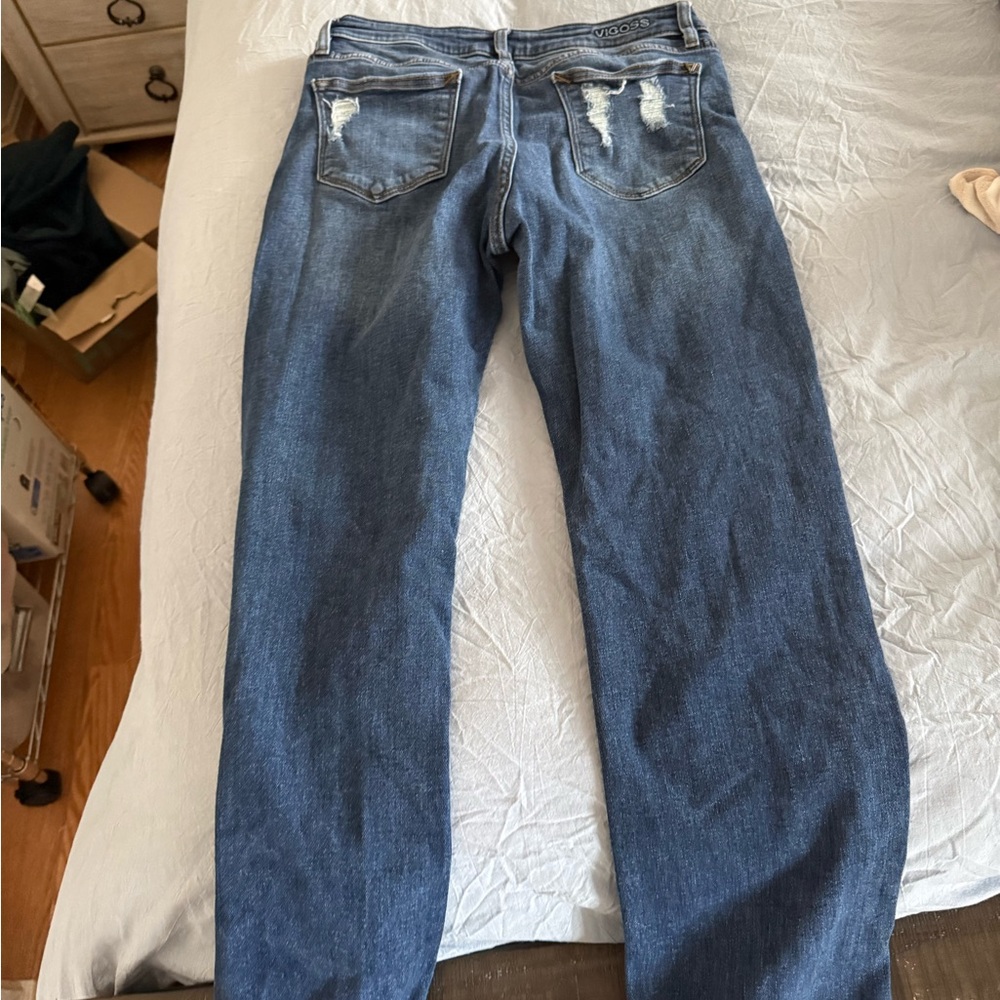 Vigoss Women's Boyfriend Jeans in Dark Blue with Back Pocket Distress